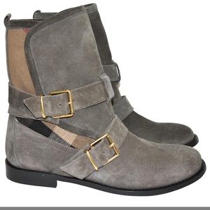 Burberry gray Worcester suede Moto boots